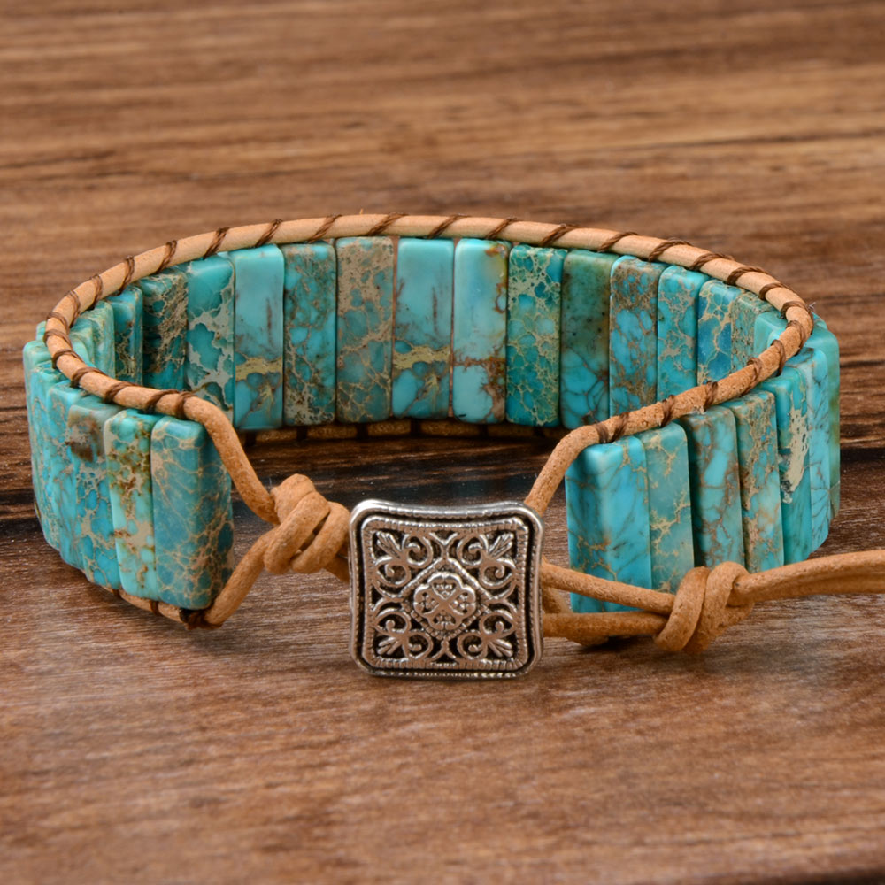 Natural Gem Leather Tibetan Bracelet Cyan Tibetan Bracelet