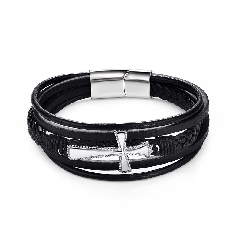 Men's Leather Bracelet with Magnetic Clasp Black - Style 9 Men's Bracelet