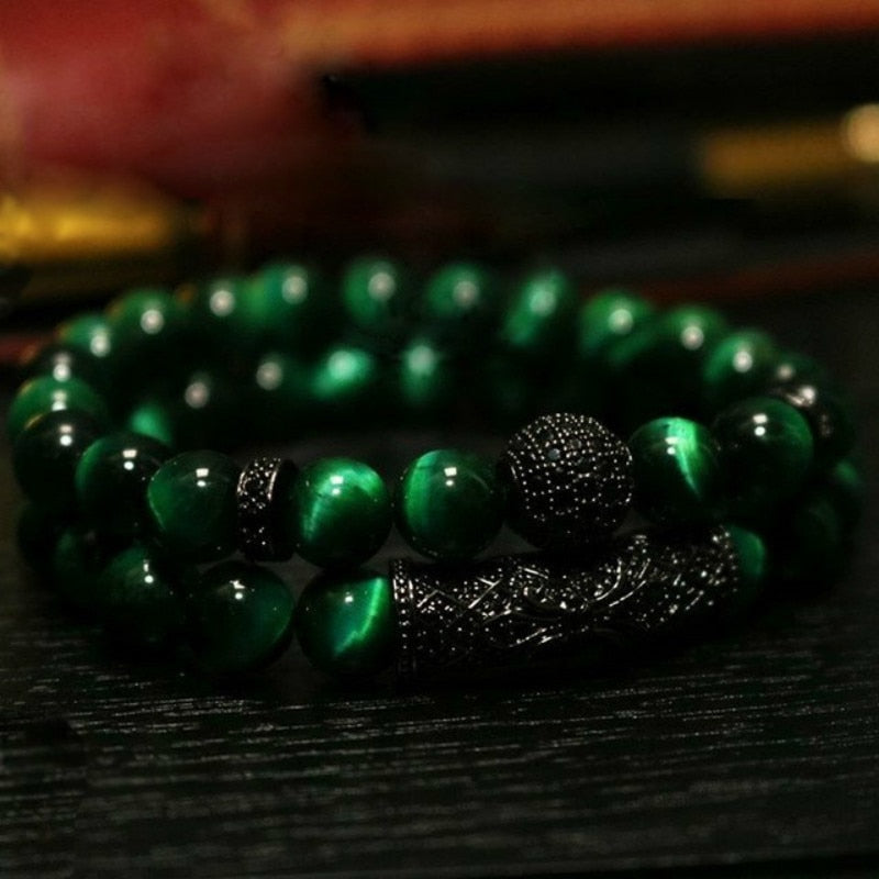 Dual Natural Tiger Eye Stones Bracelet For Men Green Black Men's Bracelet