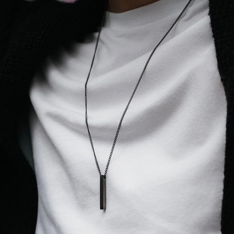 Rectangle 3D Bar Pendant Necklace for Men Black Men's Necklace