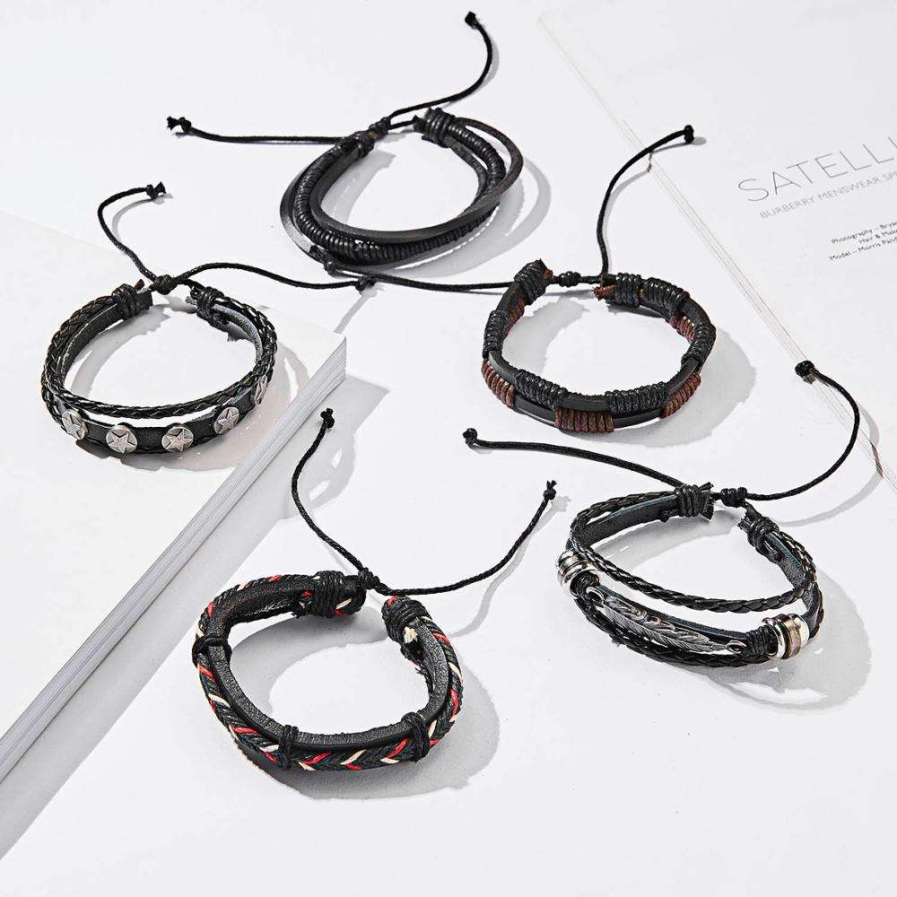 Multilayer Leather Braid Bracelets for Men with Star, Leaf and Owl Bangles Men's Bracelet