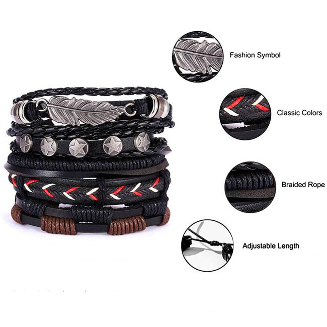 Multilayer Leather Braid Bracelets for Men with Star, Leaf and Owl Bangles Men's Bracelet