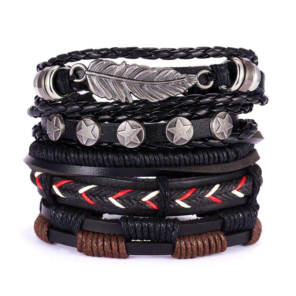 Multilayer Leather Braid Bracelets for Men with Star, Leaf and Owl Bangles Men's Bracelet