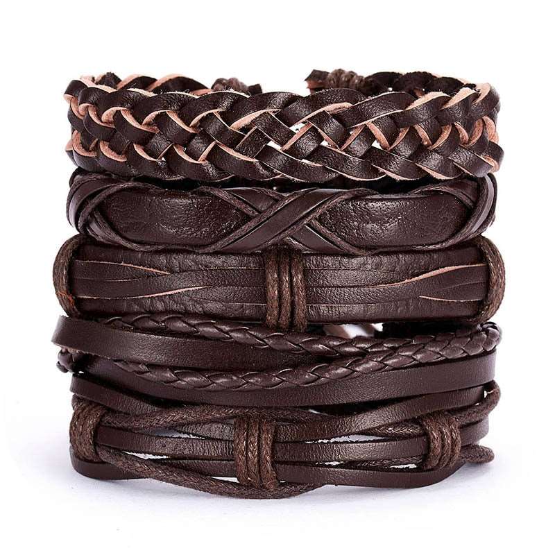 Multilayer Leather Braid Bracelets for Men with Star, Leaf and Owl Bangles Style 1 20cm Adjustable Men's Bracelet