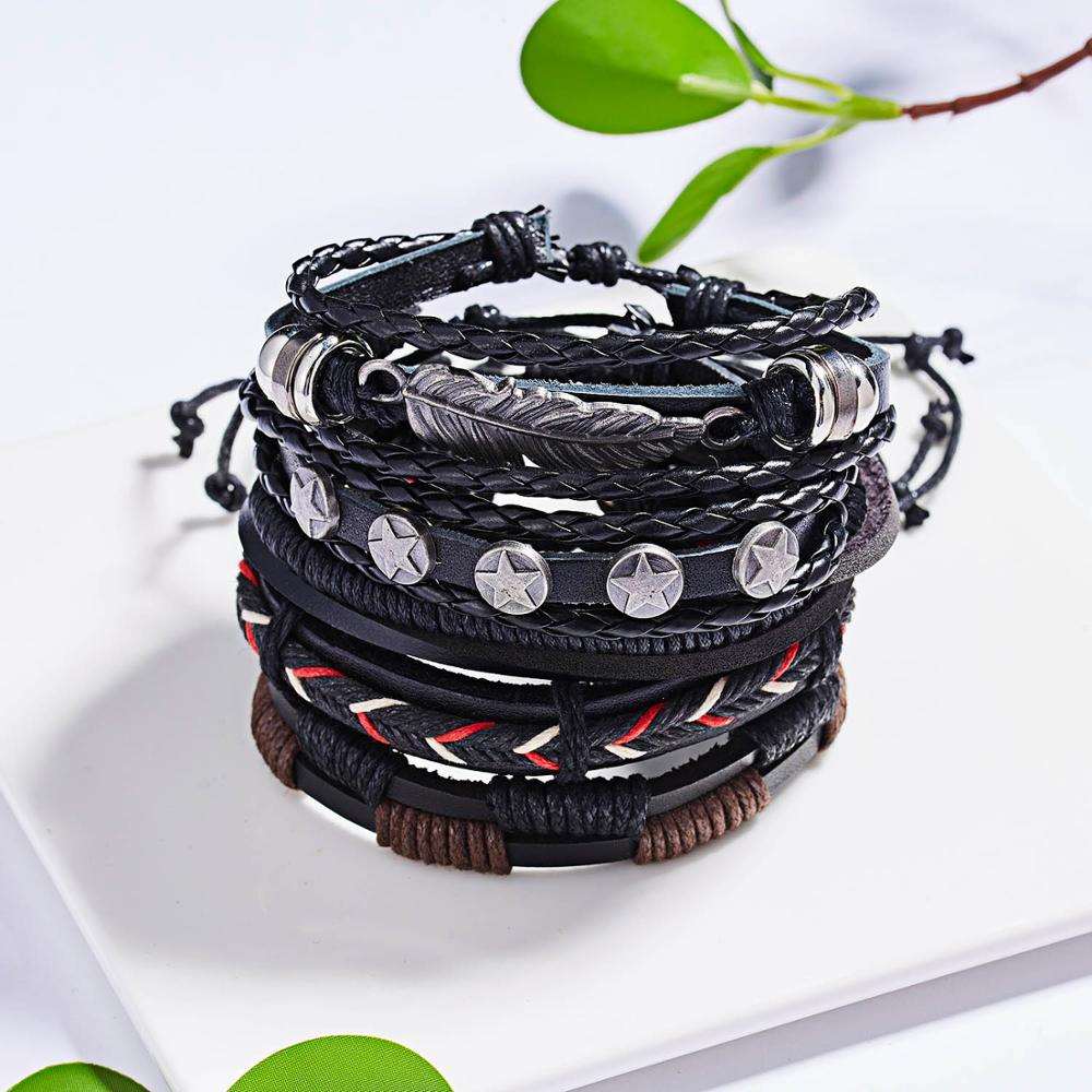 Multilayer Leather Braid Bracelets for Men with Star, Leaf and Owl Bangles Men's Bracelet