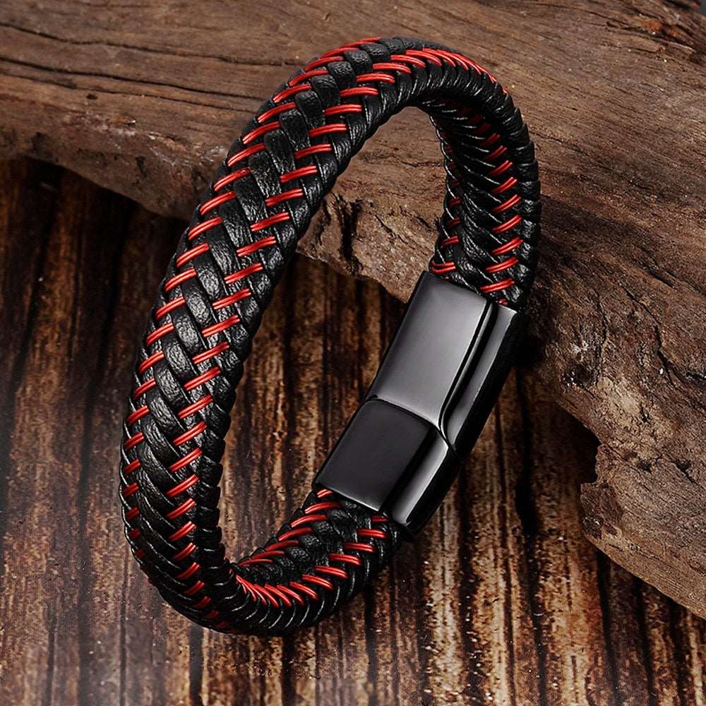 Leather Rope Bracelet For Men Leather Rope Black/Red - Black Clasp Men's Bracelet