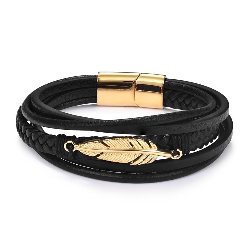 Men's Leather Bracelet with Magnetic Clasp Black & Gold - Style 3 Men's Bracelet