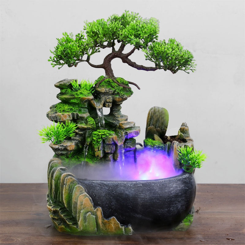 Wealth Feng Shui Tabletop with Flowing Waterfall Fountain and LED Lights Spray Home Decor