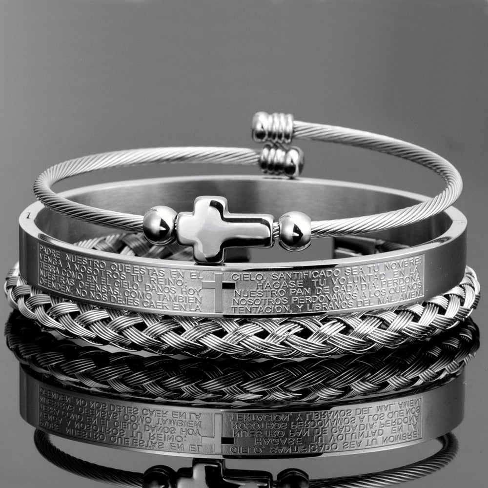 Cross Bangle Carving Bracelet for Men Silver Set Men's Bracelet