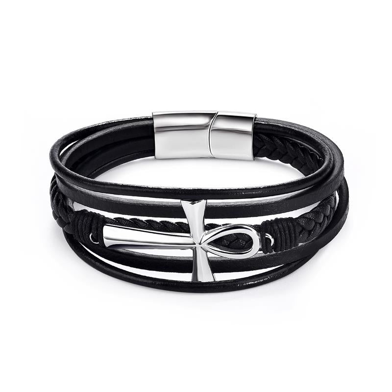 Men's Leather Bracelet with Magnetic Clasp Black - Style 8 Men's Bracelet