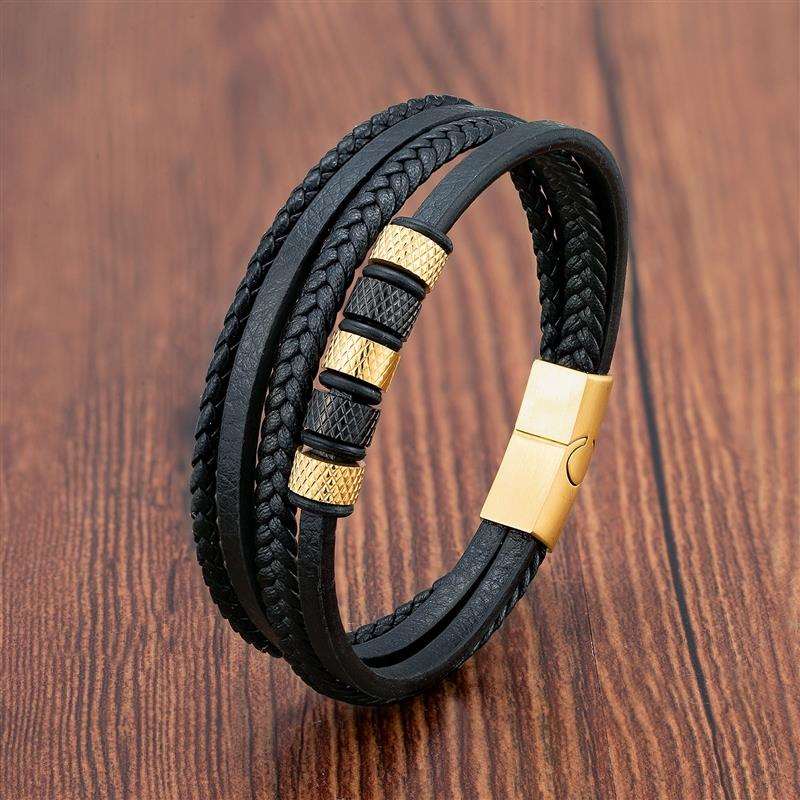 Men's Bracelet, Adjustable Premium Leather Bracelet for Men with Magnetic Clasp Gold 1 Men's Bracelet