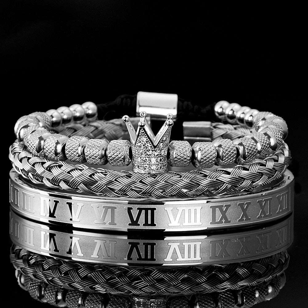 Roman Royal Crystals Crown Bracelet Set for Men Silver Set Numbers Men's Bracelet