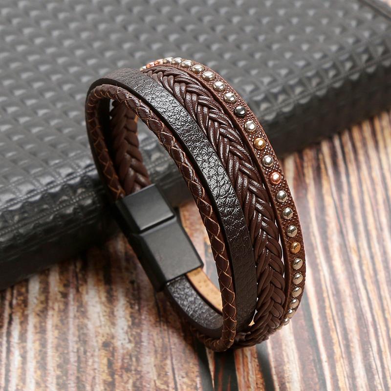 Leather Bracelet for Men with Magnetic Clasp Brown - Style 2 Men's Bracelet