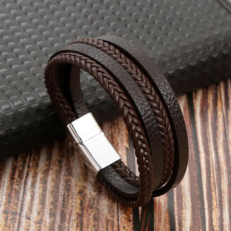 Leather Bracelet for Men with Magnetic Clasp Brown - Style 4 Men's Bracelet