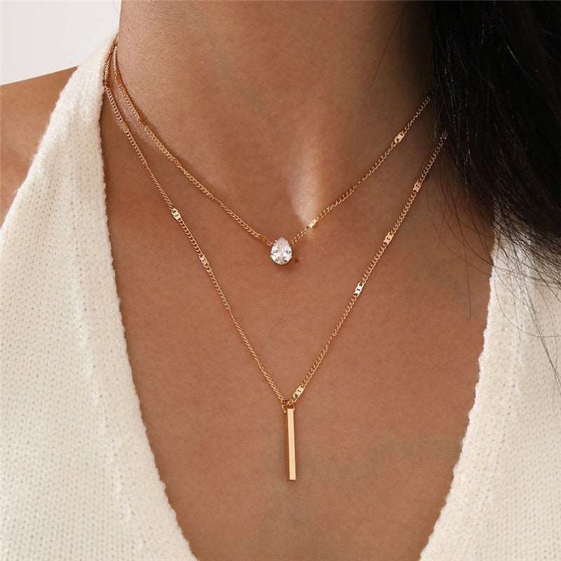 Crystal Geometric Gold Color Pendant Necklace Set Gold Women's Necklace