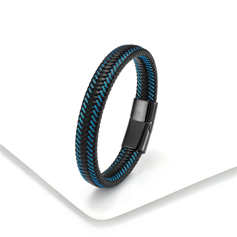 Leather Rope Bracelet For Men Leather Rope Black/Light Blue - Black Clasp Men's Bracelet