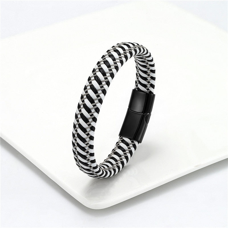 Leather Rope Bracelet For Men Leather Rope Black/White - Black Clasp Men's Bracelet