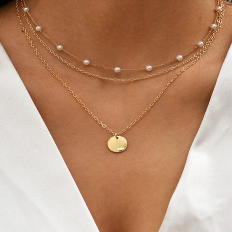 Crystal Geometric Gold Color Pendant Necklace Set Gold 3 Women's Necklace