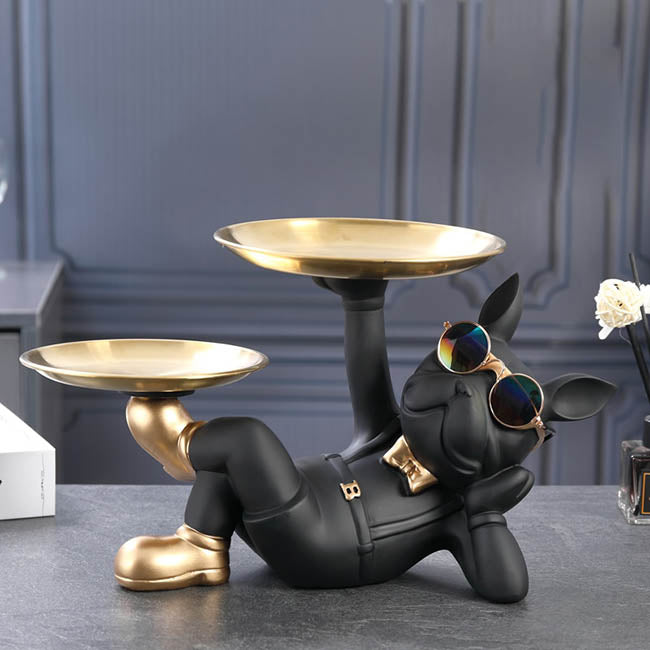 Chilled Bulldog Statue with Double Storage Trays Black Bulldog Decorative Bulldog Statue