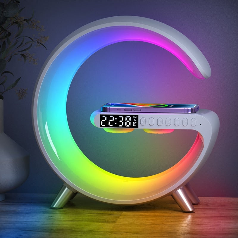 6 in 1 Wireless Charger and Bluetooth Speaker Lamp White Wireless Charger Speaker & Lamp