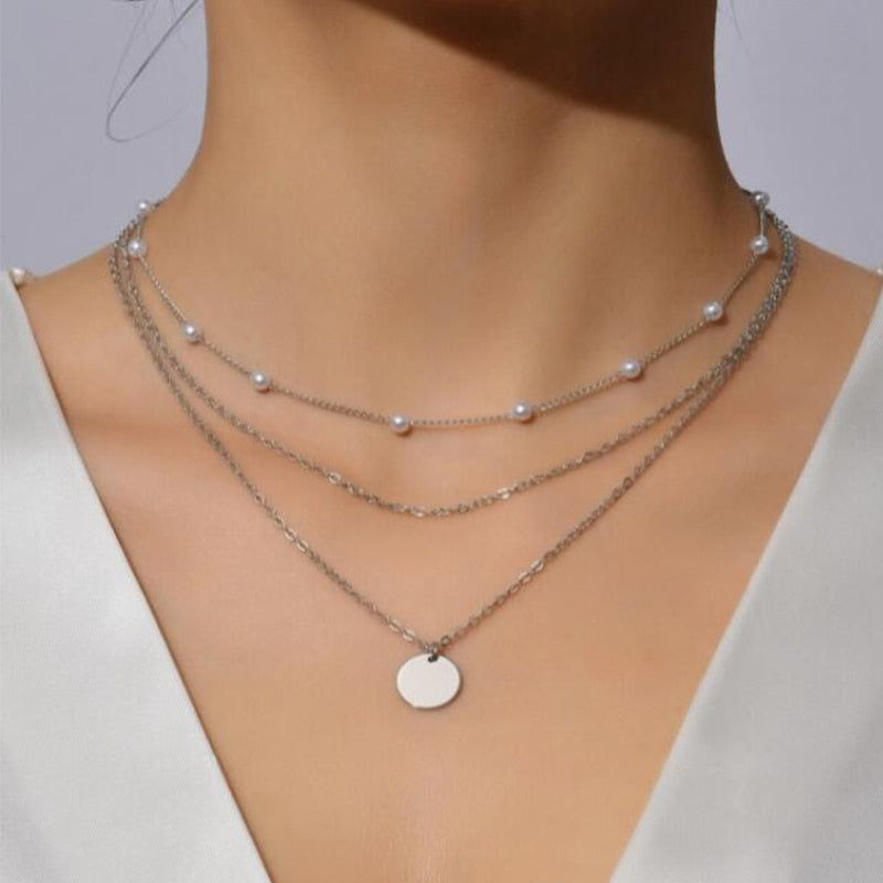 Crystal Geometric Gold Color Pendant Necklace Set Silver 3 Women's Necklace