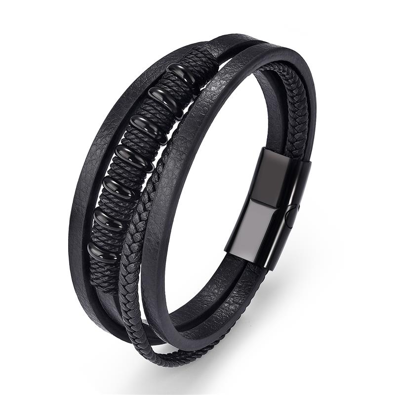 Men's Leather Bracelet with Magnetic Clasp Black - Style 7 Men's Bracelet