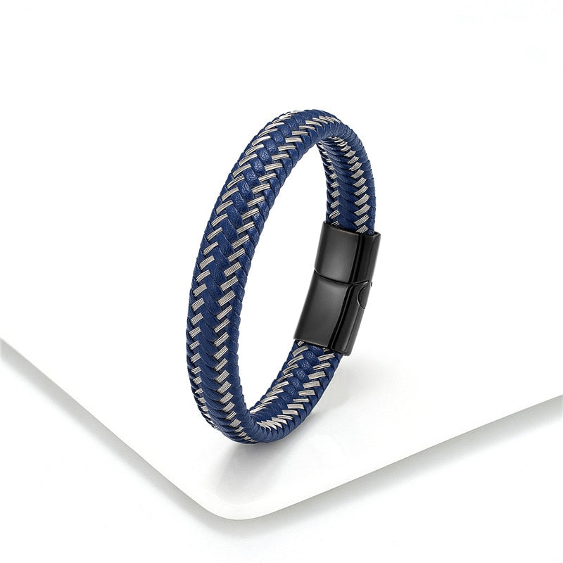 Leather Rope Bracelet For Men Leather Rope Blue/Grey - Black Clasp Men's Bracelet