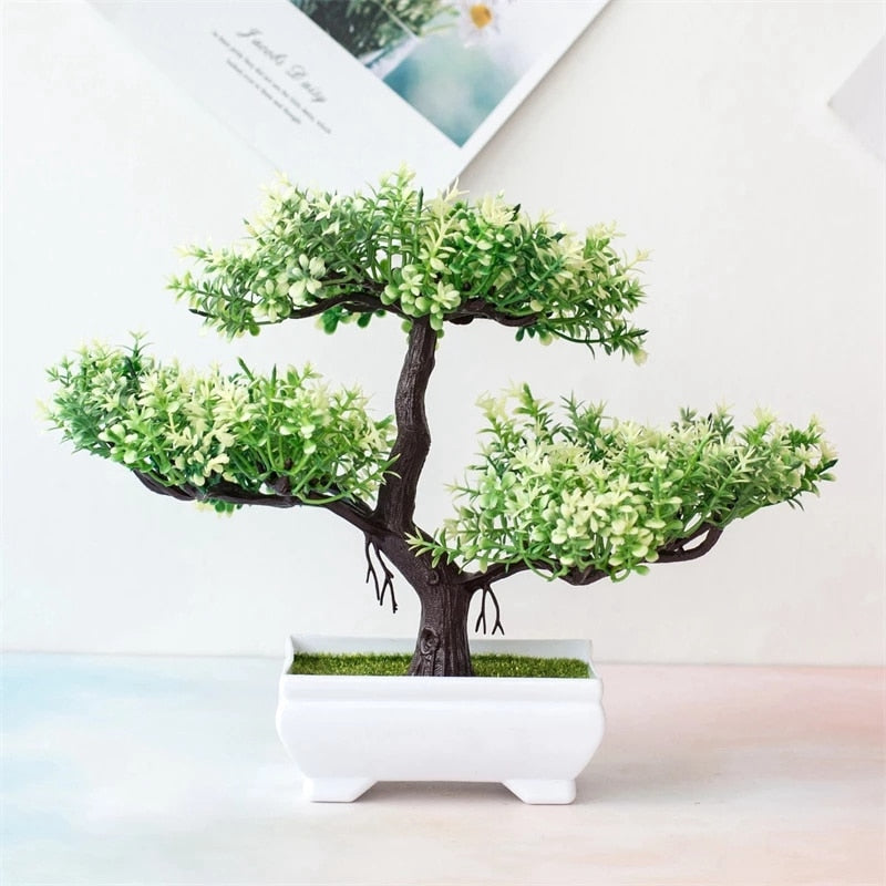 Artificial Bonsai Tree in Pot Green White Artificial Bonsai Tree