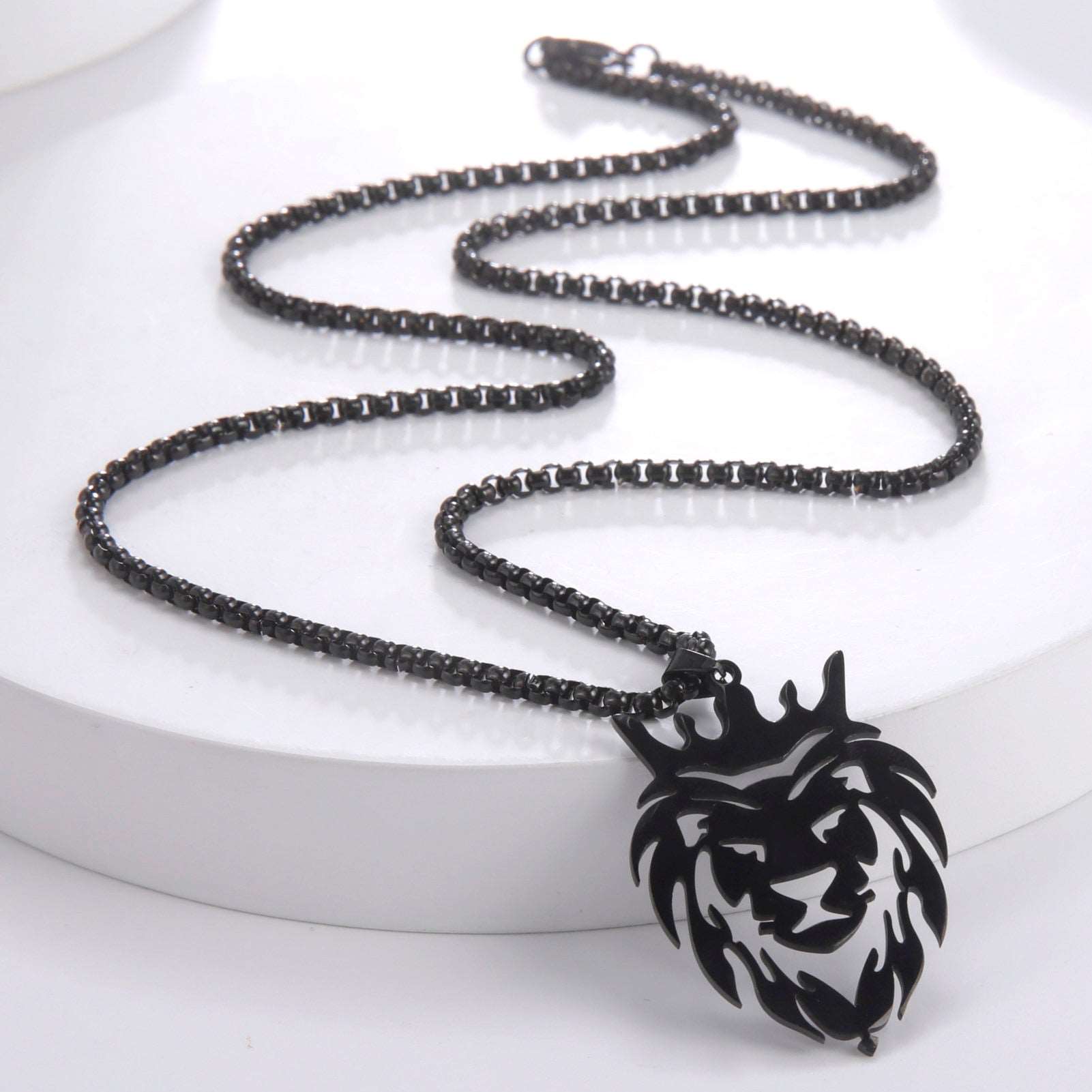 Lion with Royal Crown Chain Necklace Black Men's Necklace