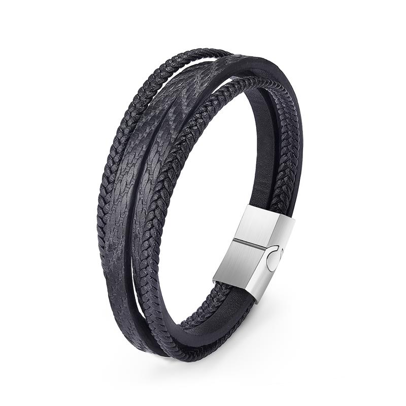 Men's Leather Bracelet with Magnetic Clasp Black - Style 6 Men's Bracelet