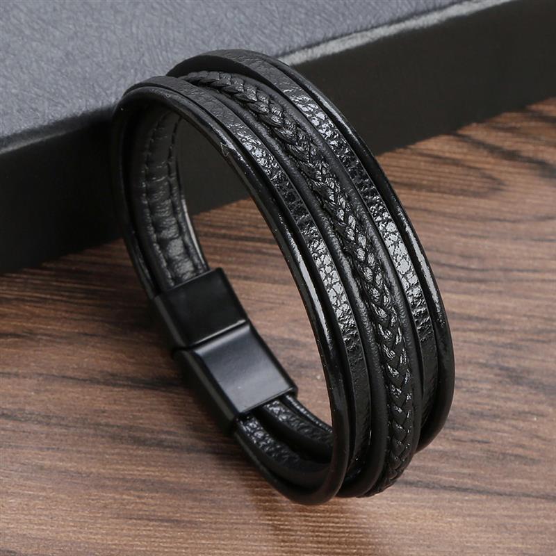 Leather Bracelet for Men with Magnetic Clasp Black - Style 7 Men's Bracelet