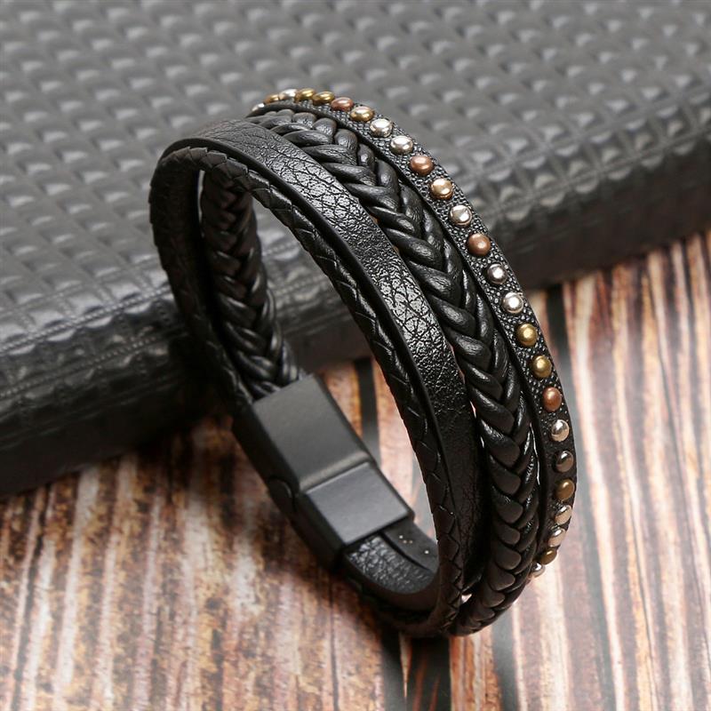 Leather Bracelet for Men with Magnetic Clasp Black - Style 2 Men's Bracelet