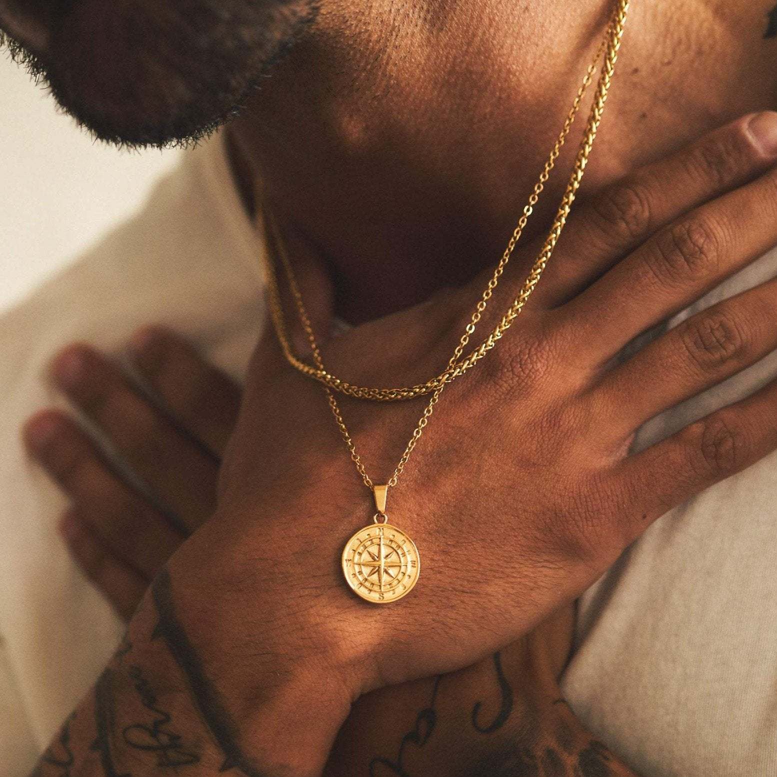 Layered Necklaces for Men, Sailing Travel Compass Pendant Gold Wheat Men's Necklace