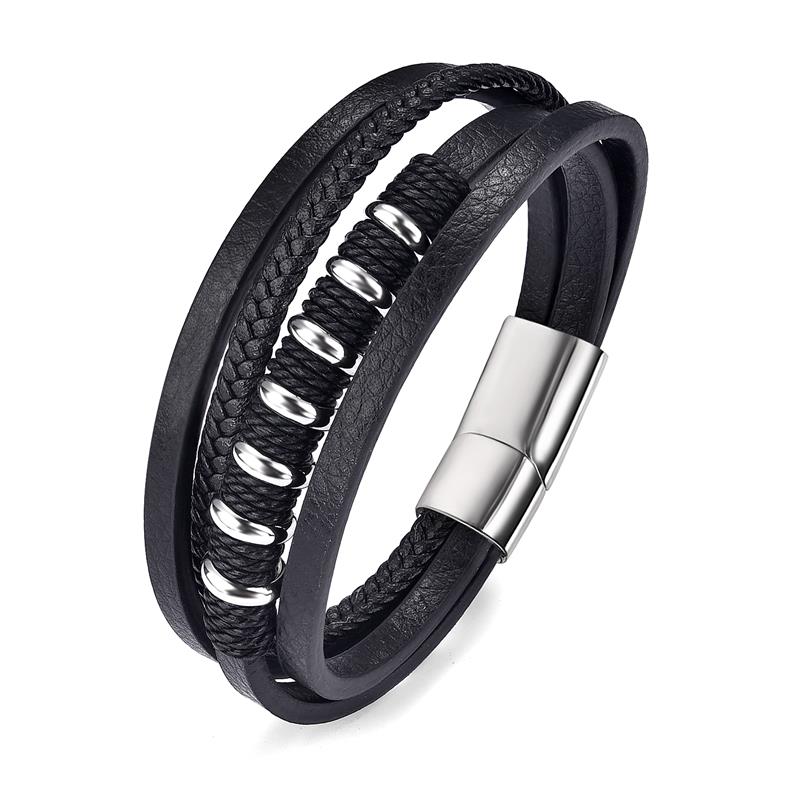 Men's Leather Bracelet with Magnetic Clasp Black & Silver - Style 4 Men's Bracelet