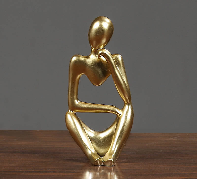 Abstract Thinker Figurine Sculpture Golden - Head on Knuckle Abstract Figurine