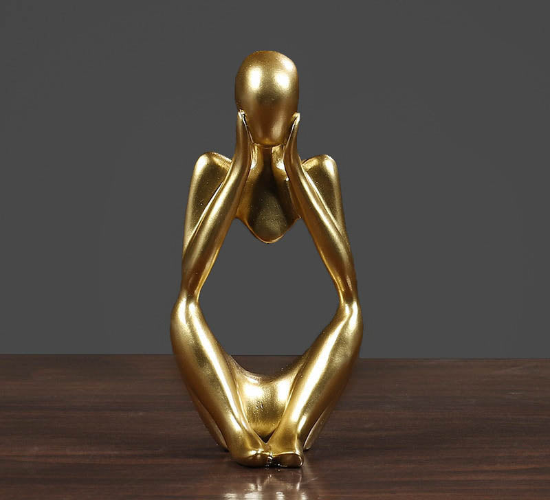 Abstract Thinker Figurine Sculpture Golden - Cupping Face Abstract Figurine