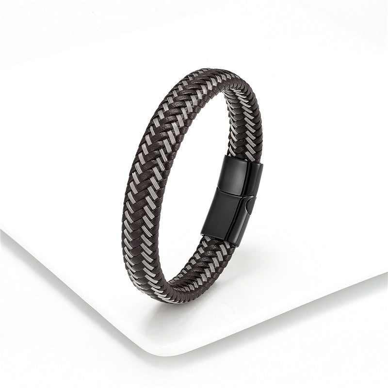 Leather Rope Bracelet For Men Leather Rope Brown/Grey - Black Clasp Men's Bracelet