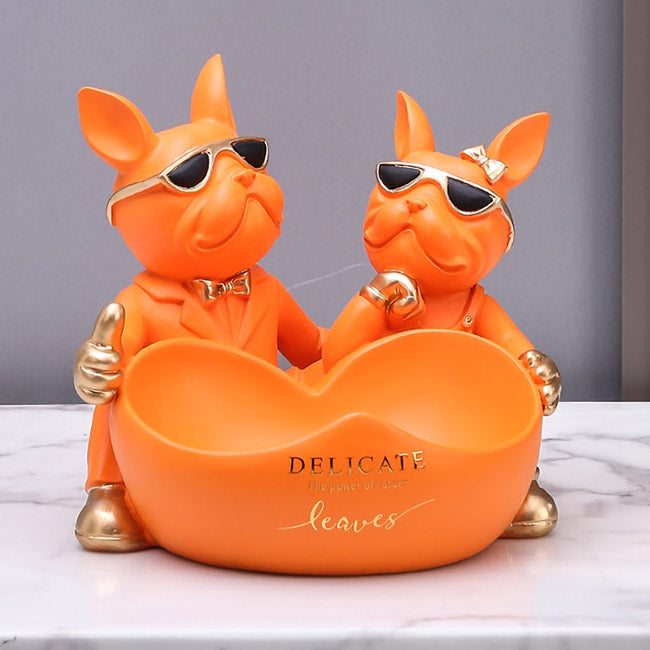 Duo Bulldogs Statue with Storage Bowl Orange Duo Bulldog Decorative Bulldog Statue