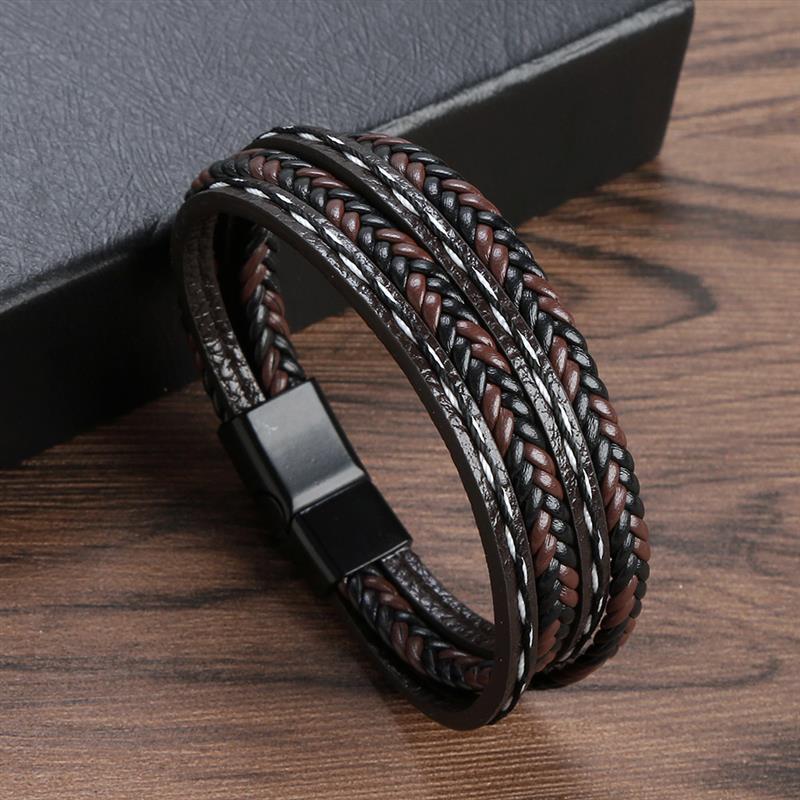 Leather Bracelet for Men with Magnetic Clasp Brown - Style 5 Men's Bracelet
