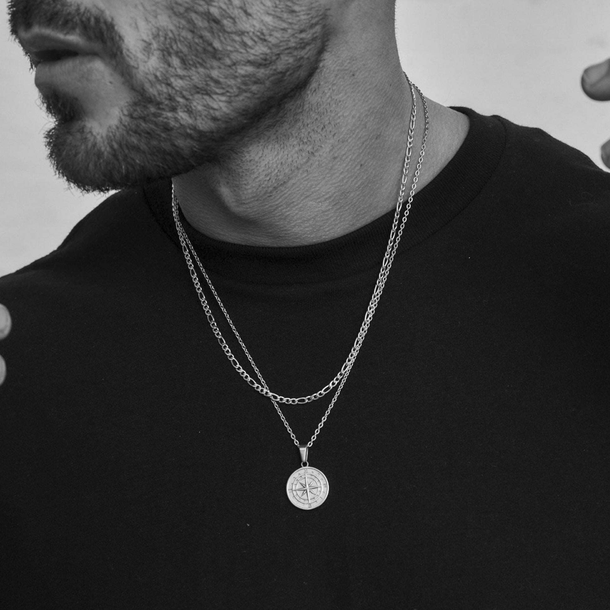 Layered Necklaces for Men, Sailing Travel Compass Pendant Silver Figaro Men's Necklace