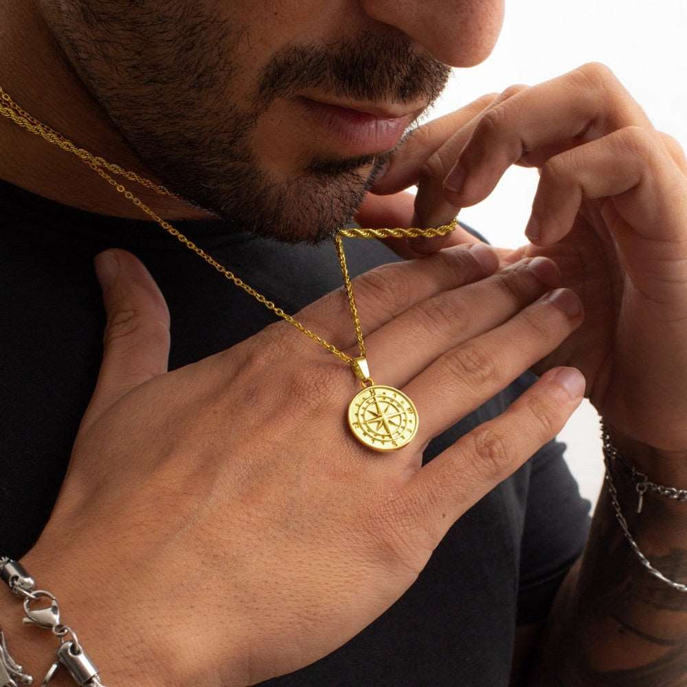 Layered Necklaces for Men, Sailing Travel Compass Pendant Gold Rope Men's Necklace