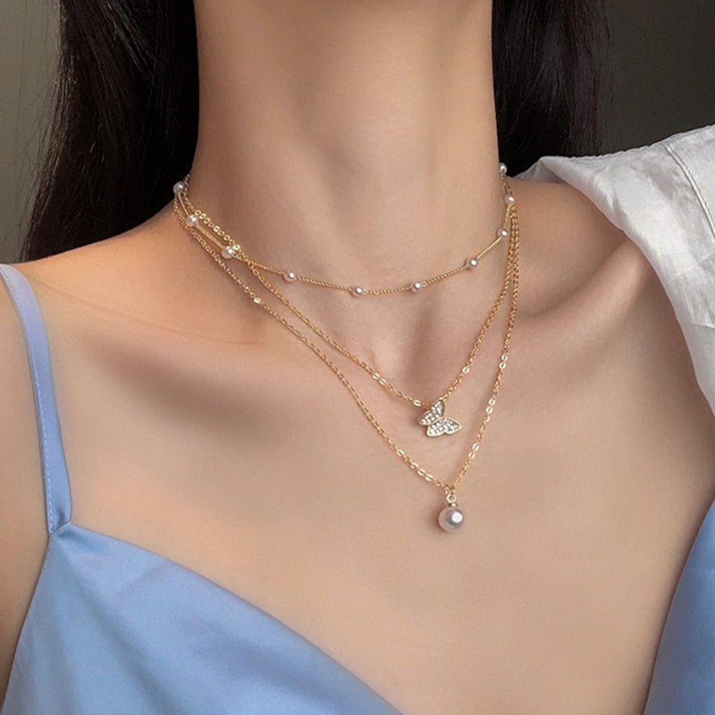 Crystal Geometric Gold Color Pendant Necklace Set Gold 4 Women's Necklace