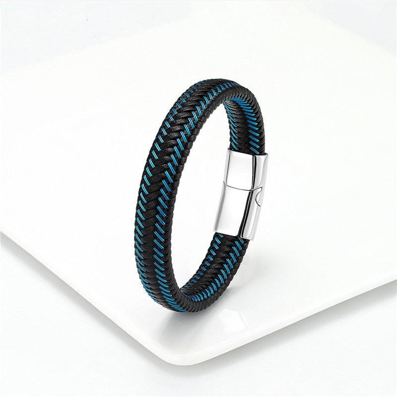 Leather Rope Bracelet For Men Leather Rope Black/Light Blue - Silver Clasp Men's Bracelet