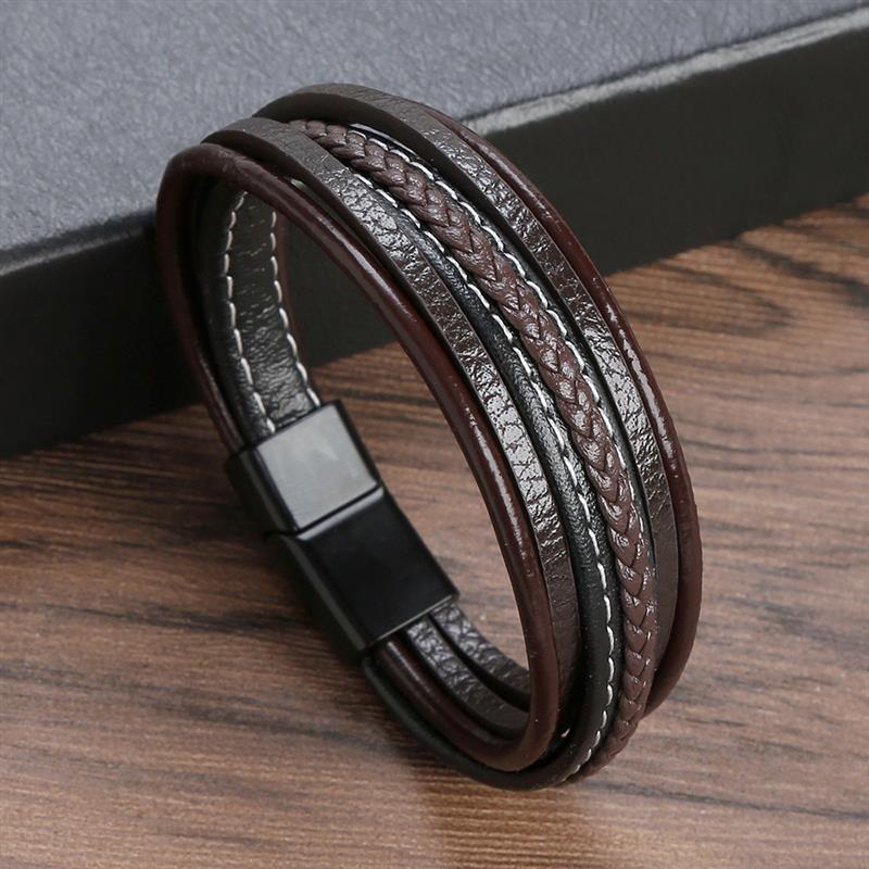 Leather Bracelet for Men with Magnetic Clasp Brown - Style 6 Men's Bracelet