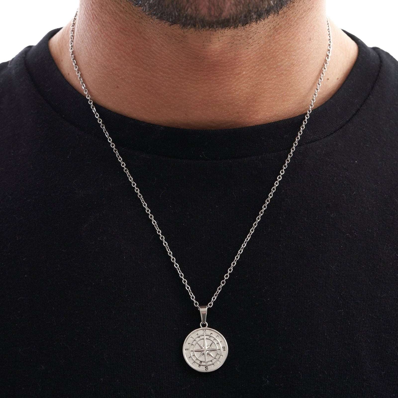 Layered Necklaces for Men, Sailing Travel Compass Pendant Silver Men's Necklace