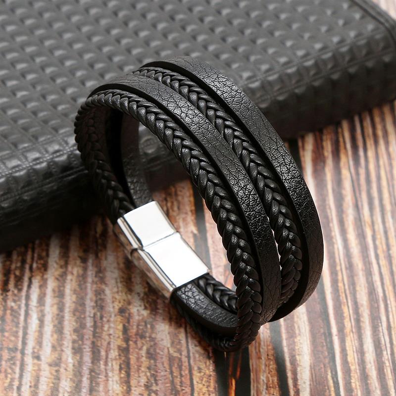 Leather Bracelet for Men with Magnetic Clasp Black - Style 5 Men's Bracelet