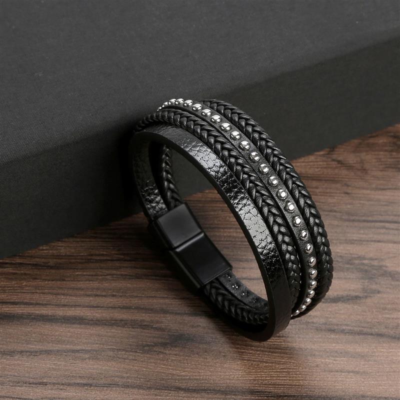 Leather Bracelet for Men with Magnetic Clasp Black - Style 3 Men's Bracelet