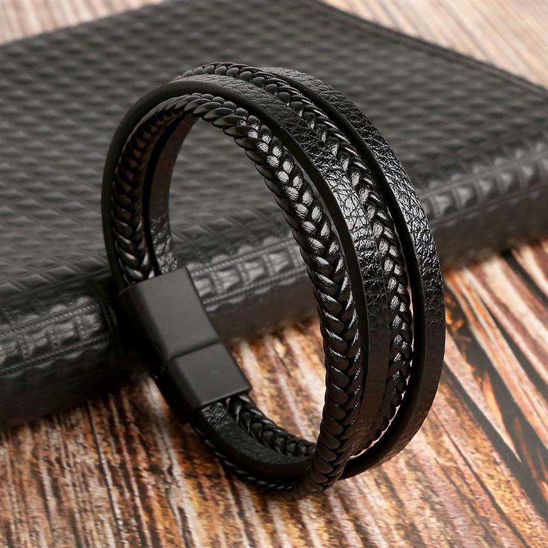 Leather Bracelet for Men with Magnetic Clasp Black - Style 4 Men's Bracelet