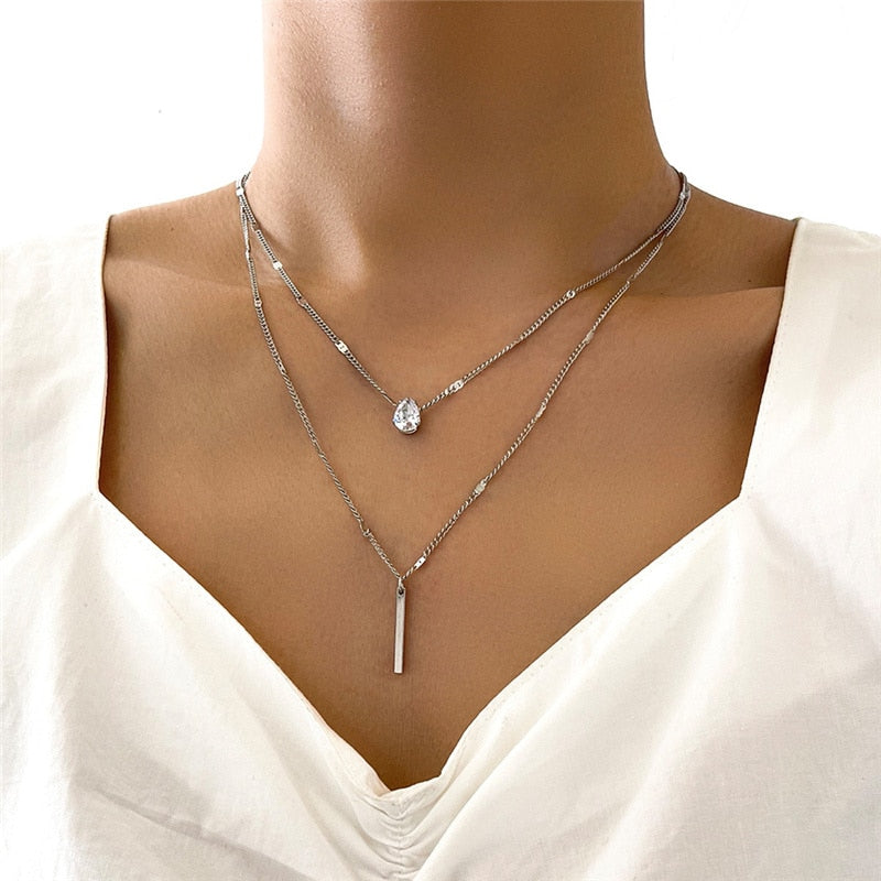 Crystal Geometric Gold Color Pendant Necklace Set Silver Women's Necklace