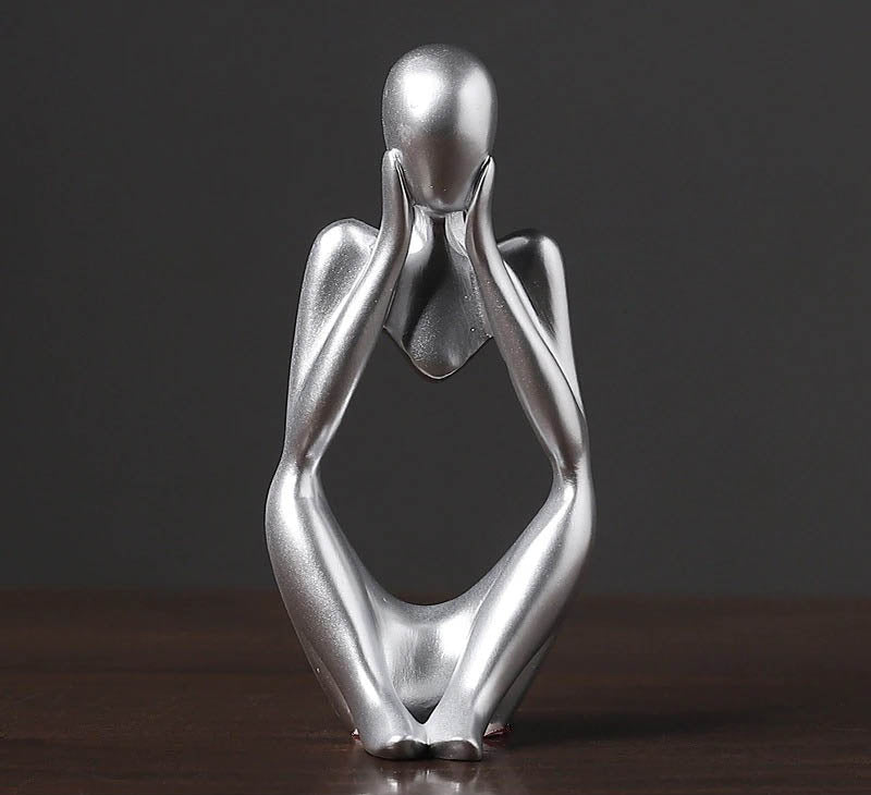Abstract Thinker Figurine Sculpture Silver - Cupping Face Abstract Figurine